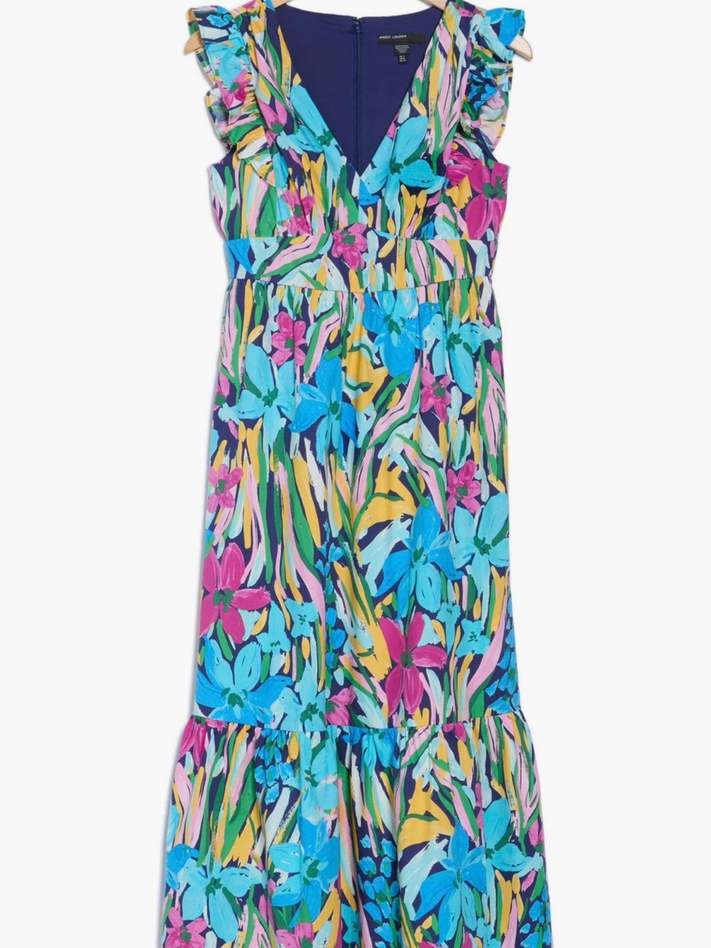 Floral Ruffle V-Neck Maxi Dress Size M Navy/Aqua - Picture 4 of 14